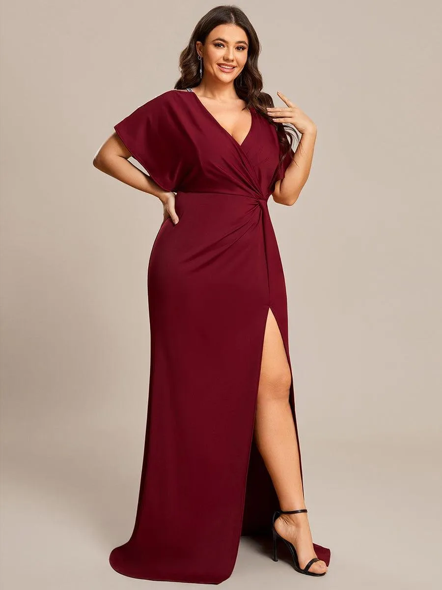 Zelda | Plus Size Sequin Sleeve High Slit Evening Dress with Pleated