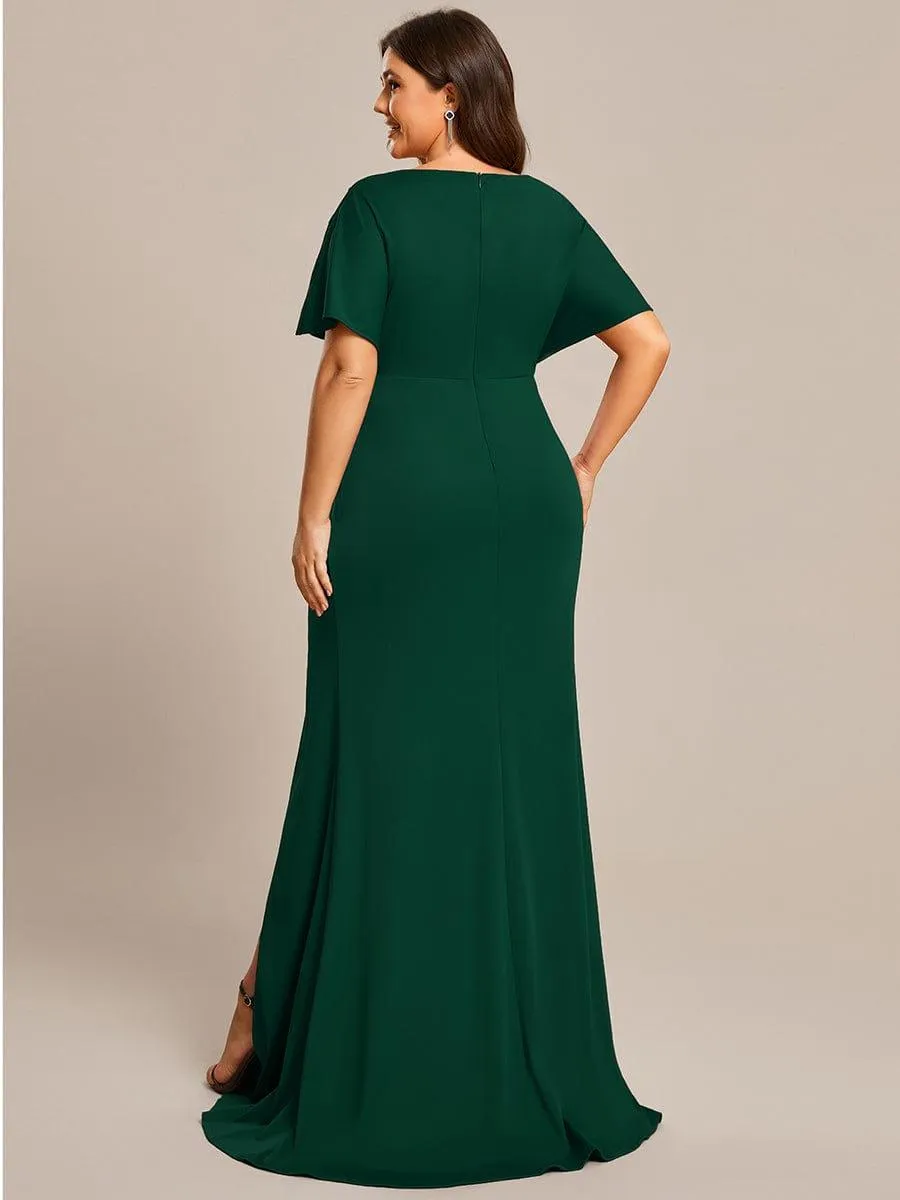 Zelda | Plus Size Sequin Sleeve High Slit Evening Dress with Pleated