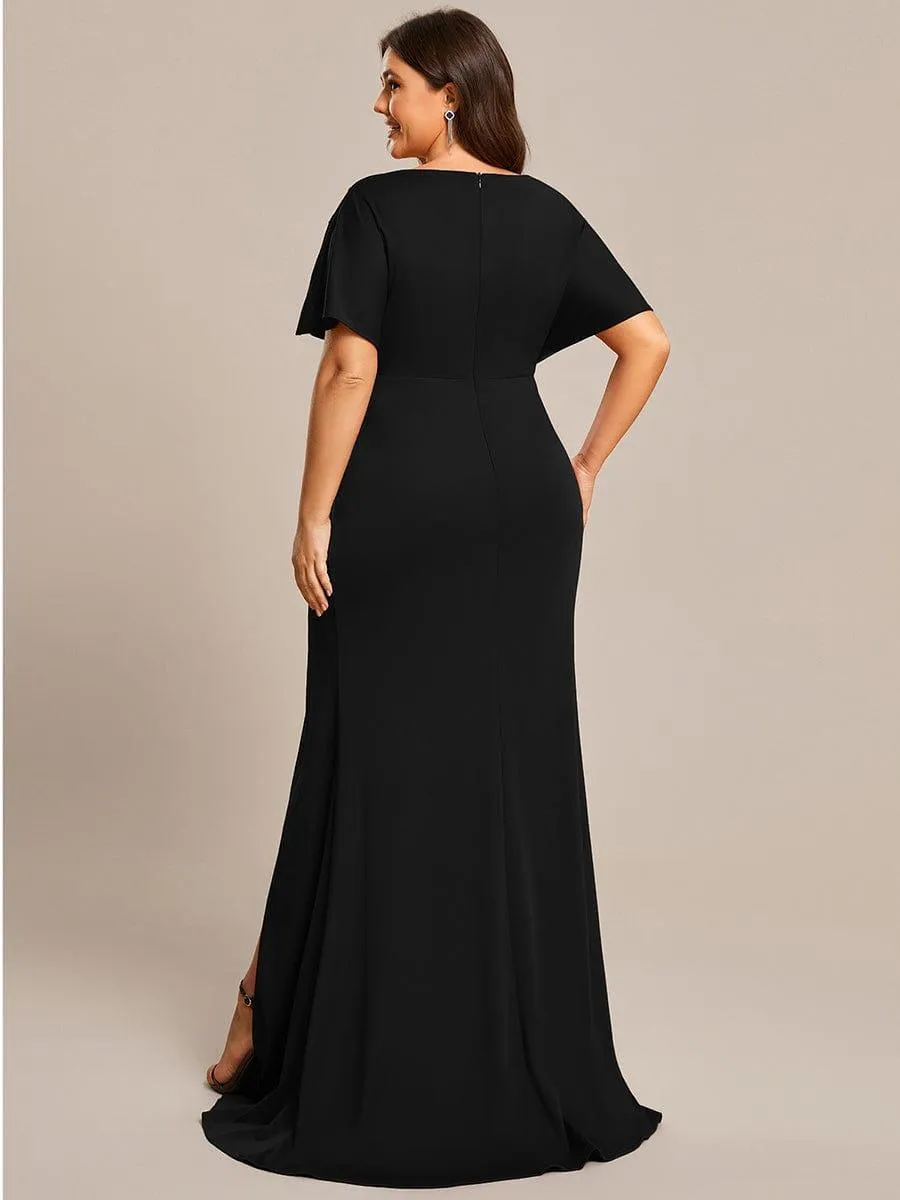 Zelda | Plus Size Sequin Sleeve High Slit Evening Dress with Pleated