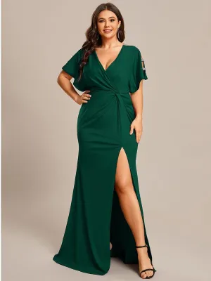 Zelda | Plus Size Sequin Sleeve High Slit Evening Dress with Pleated