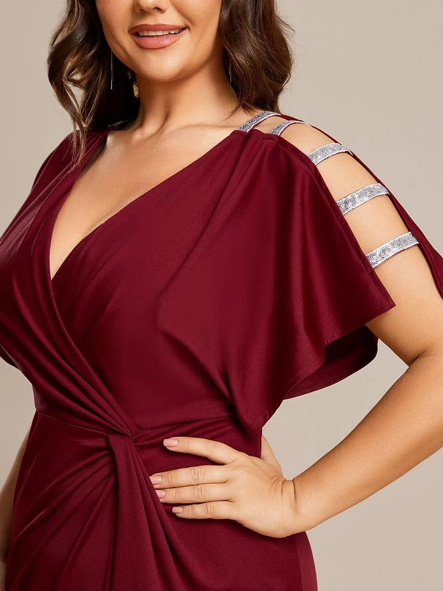 Zelda | Plus Size Sequin Sleeve High Slit Evening Dress with Pleated