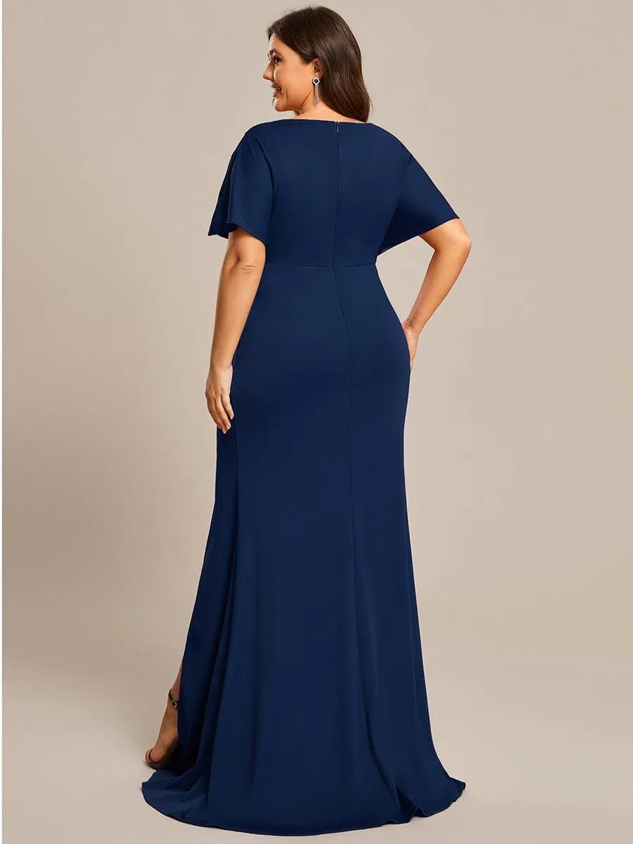 Zelda | Plus Size Sequin Sleeve High Slit Evening Dress with Pleated