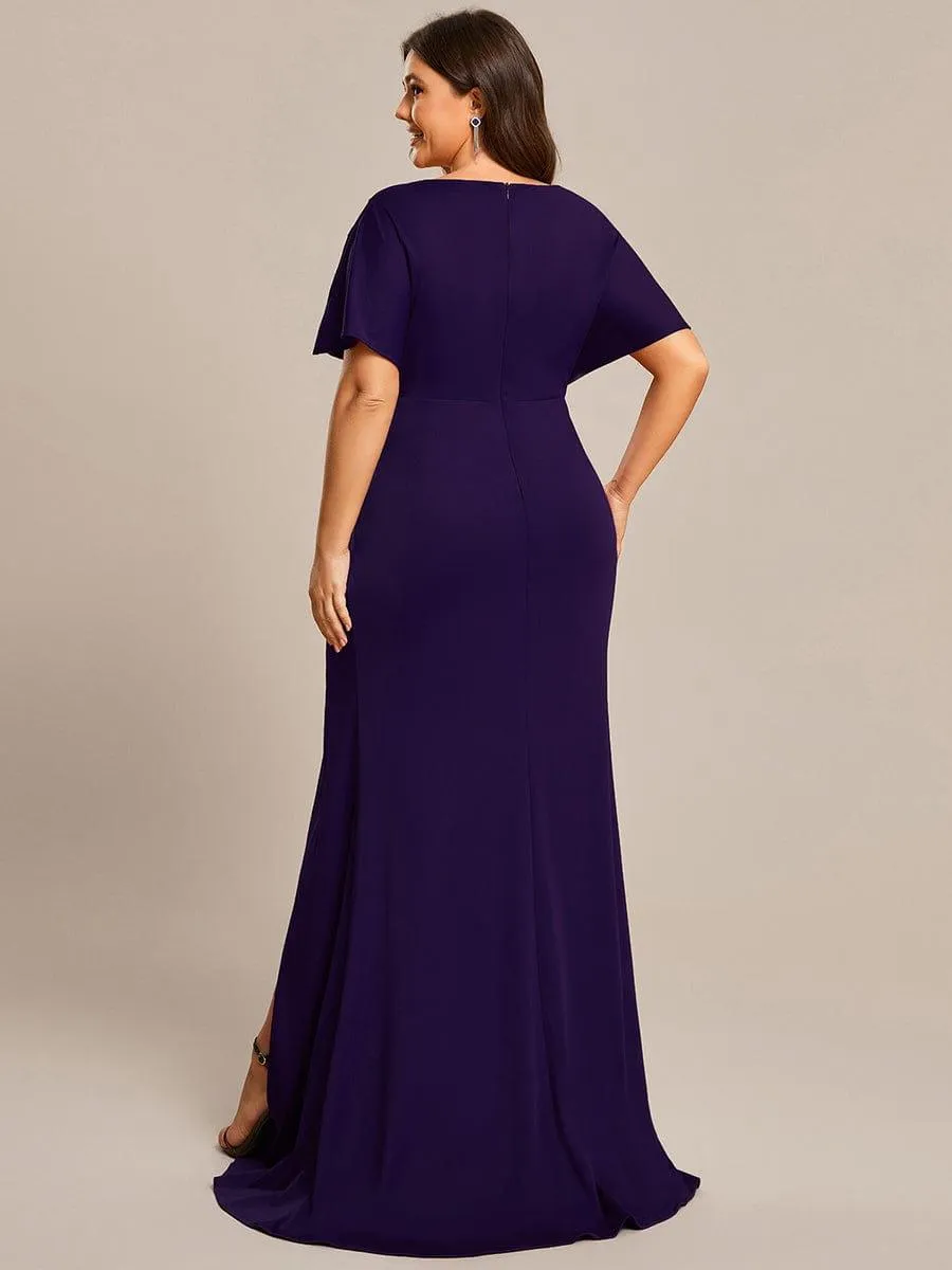 Zelda | Plus Size Sequin Sleeve High Slit Evening Dress with Pleated