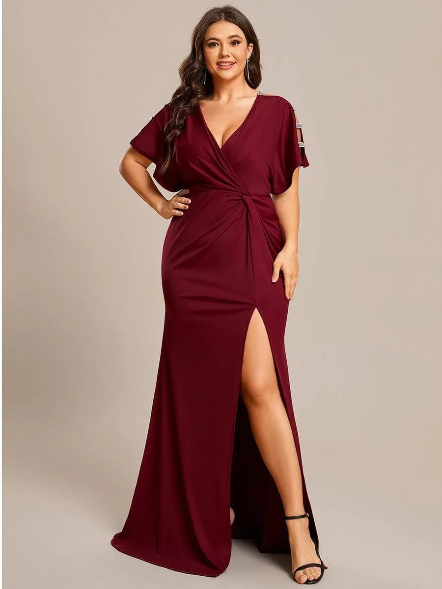 Zelda | Plus Size Sequin Sleeve High Slit Evening Dress with Pleated
